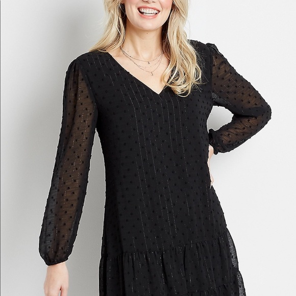 Black Metallic Swiss Dot Babydoll Dress - Picture 6 of 16